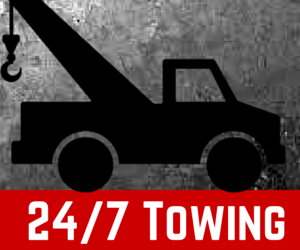 Black silhouette of a tow truck with hook, over a red banner that reads