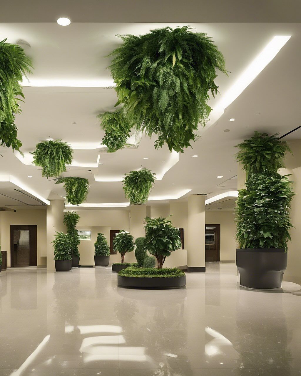 An airy, modern lobby featuring lush green hanging plants and potted greenery. Bright, reflective flooring and neutral walls create a serene atmosphere.
