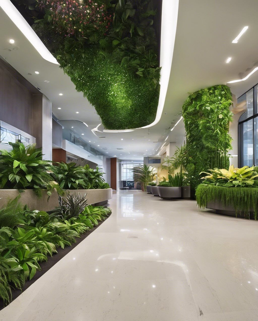Interior hallway with abundant greenery: a living wall on the ceiling, potted plants, and planters line the floor. Light-colored floor reflects overhead lighting.
