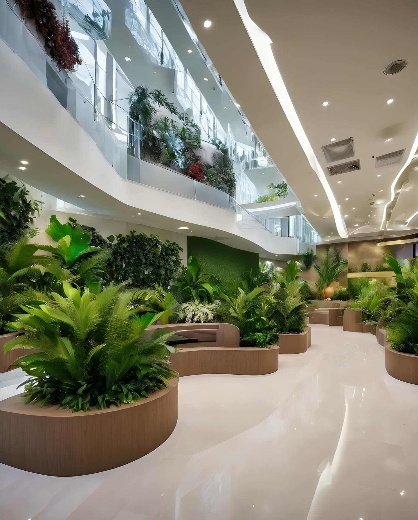 An indoor atrium with plants in planters, green wall, and white walls. Bright and airy space with natural light.