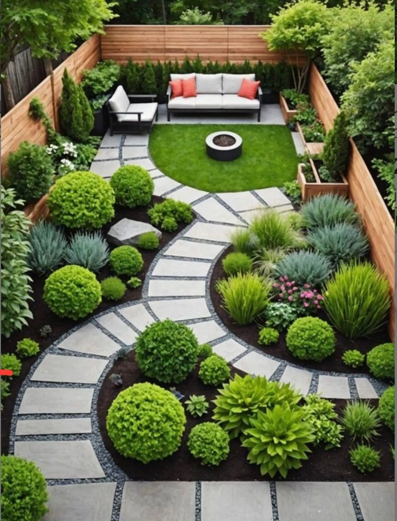 Lush garden bed with diverse green and red shrubs, bordered by mulch and a dark wood fence.