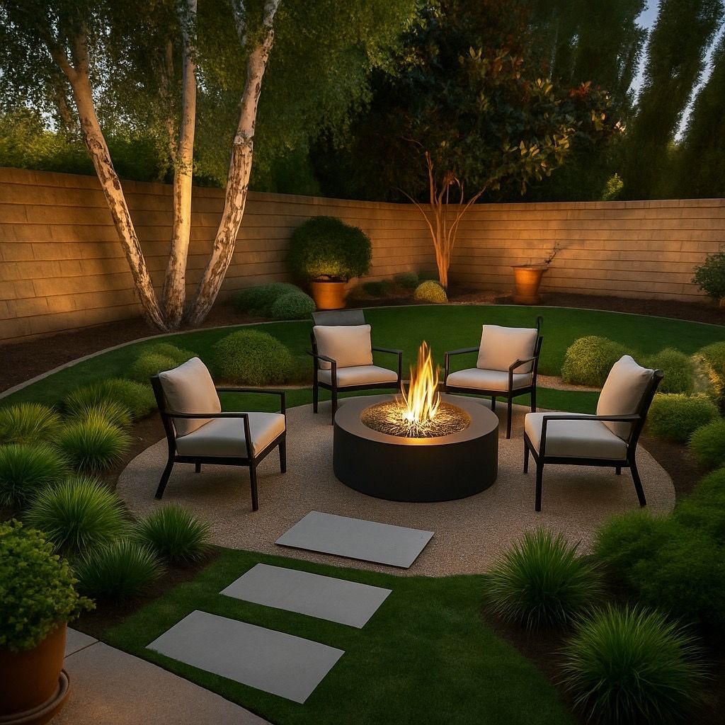 Small backyard waterfall cascading into a pond, surrounded by rocks and plants, with green grass and a wooden fence backdrop.