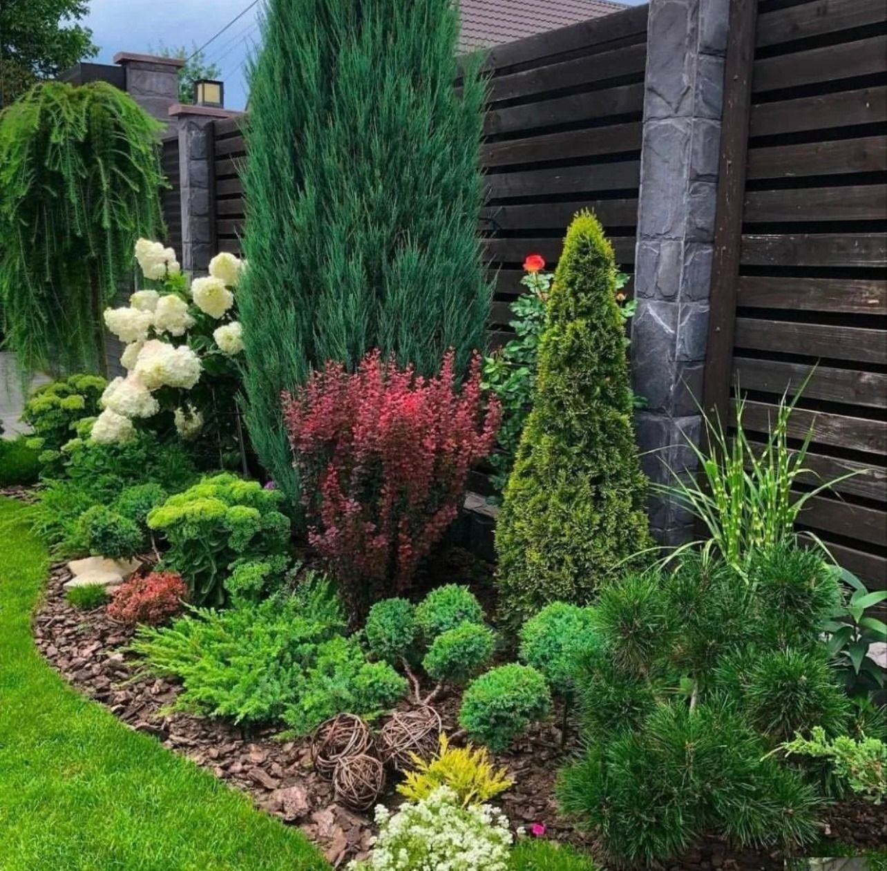 A lush garden bed with various green and red plants, bordered by dark mulch and a wooden fence.