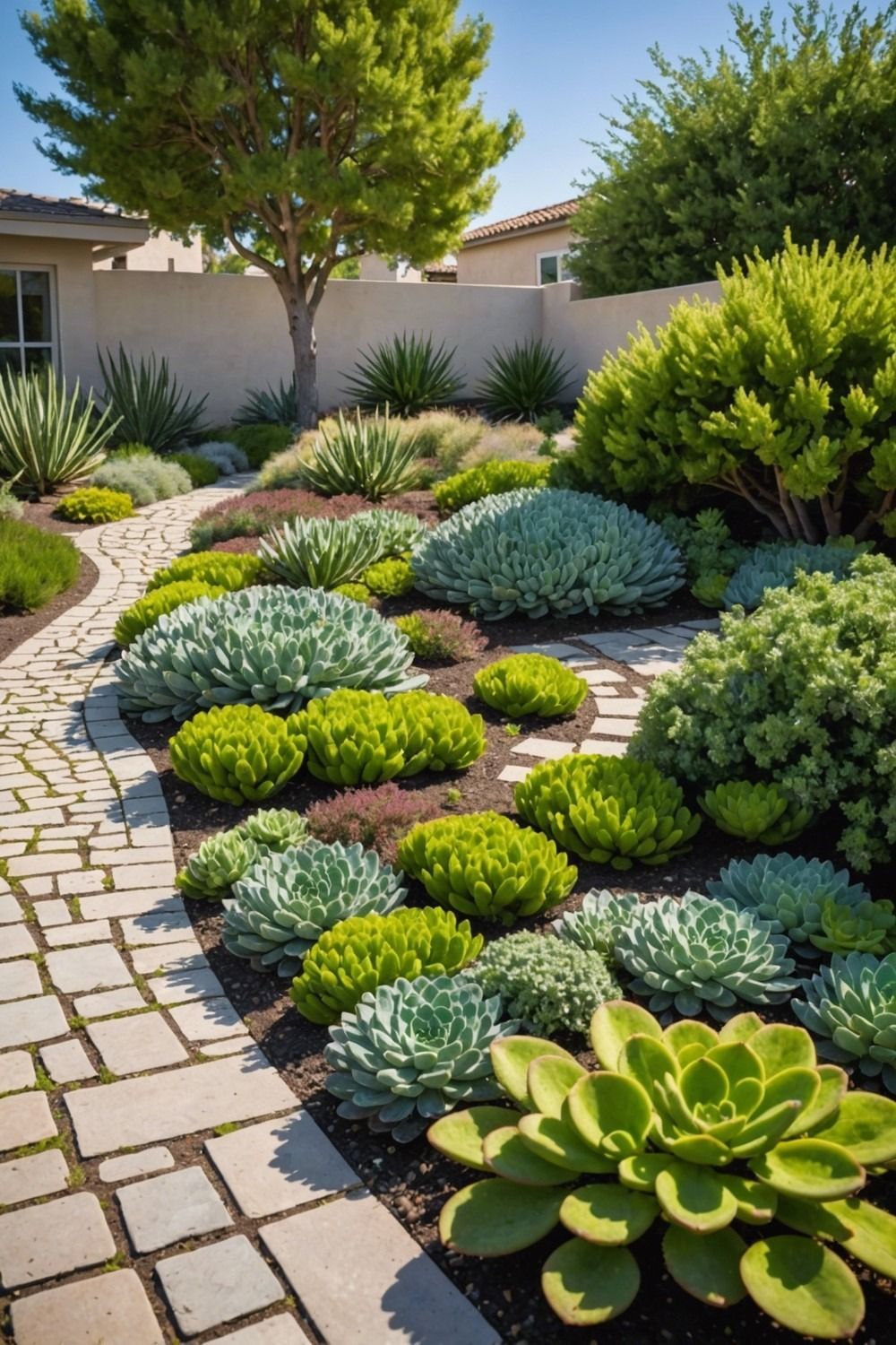 Stone pathway winds through a sunny garden filled with green and silver succulents and shrubs. A tree and beige wall are in the background.
