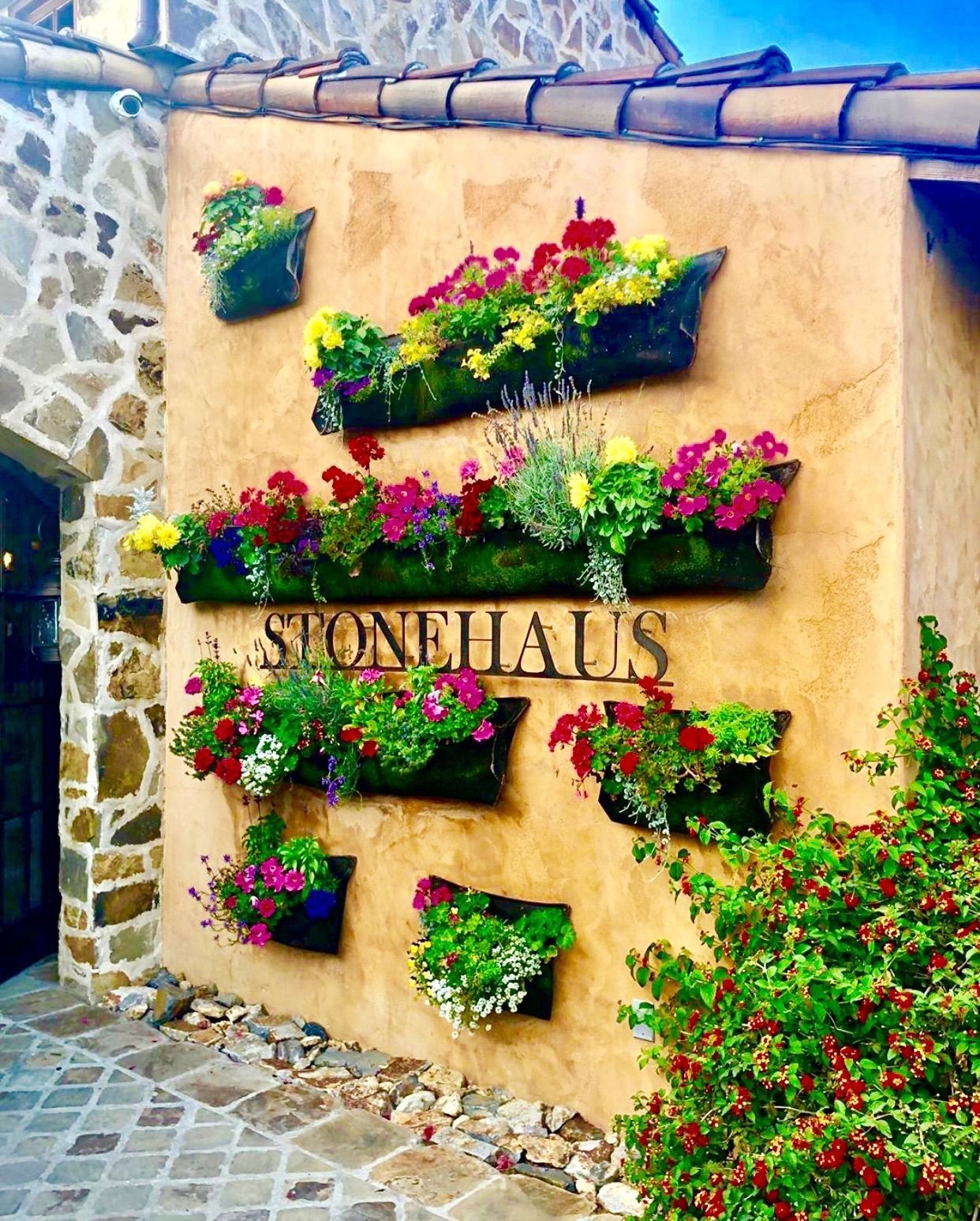 A stucco wall with flower boxes of colorful blooms. The word 