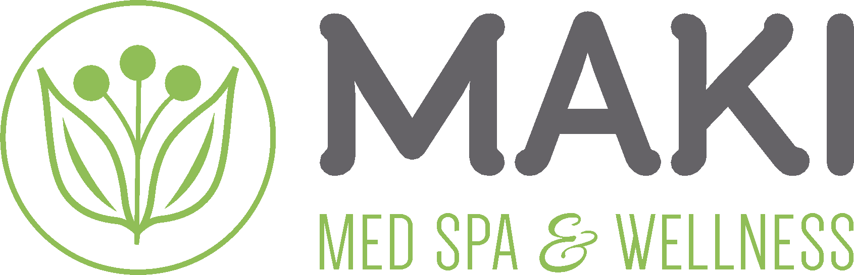 The logo for maki med spa and wellness has a plant in a circle.