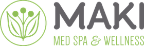 The logo for maki med spa and wellness has a plant in a circle.