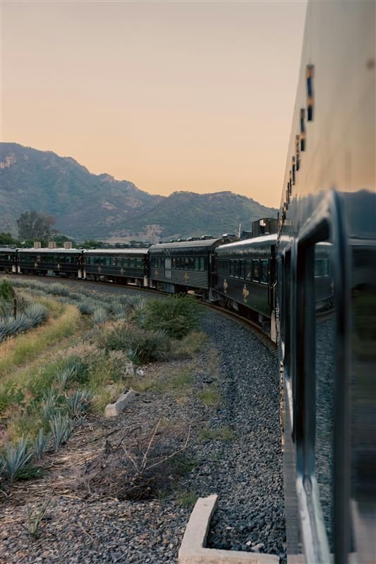 Tren serpenteando por una vía de montaña al atardecer, con colinas y hierba seca junto a las vías.
