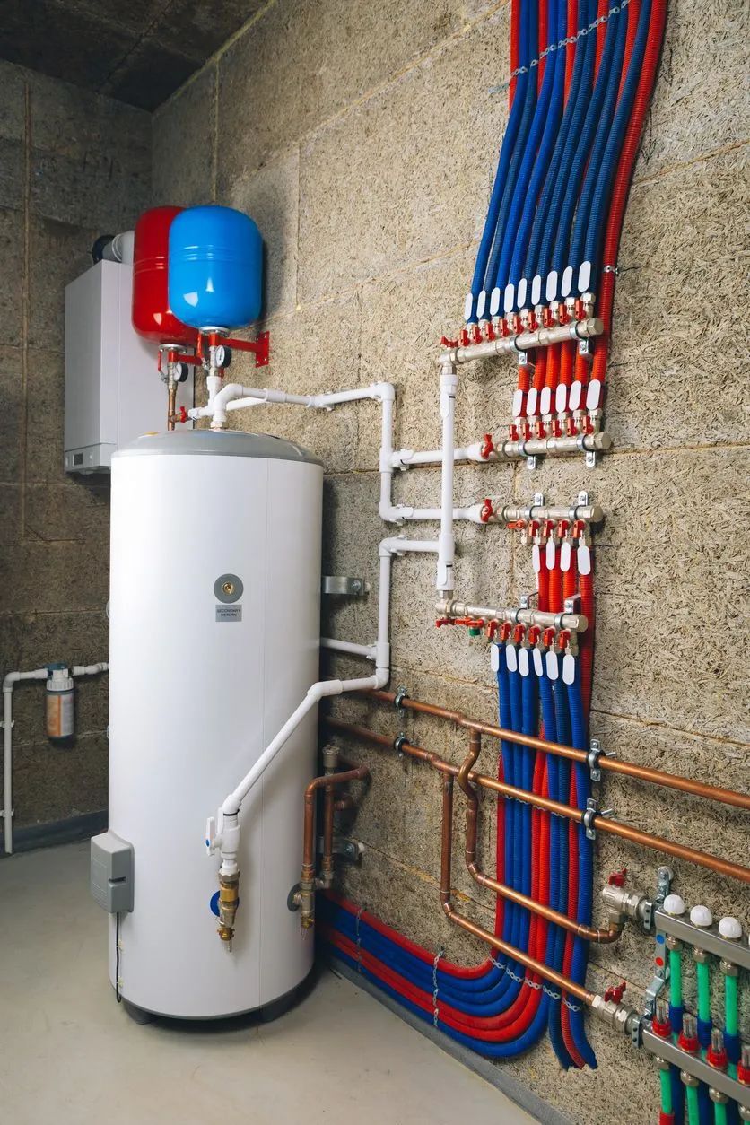 Water heater and distribution system with blue and red pipes on wood wall.