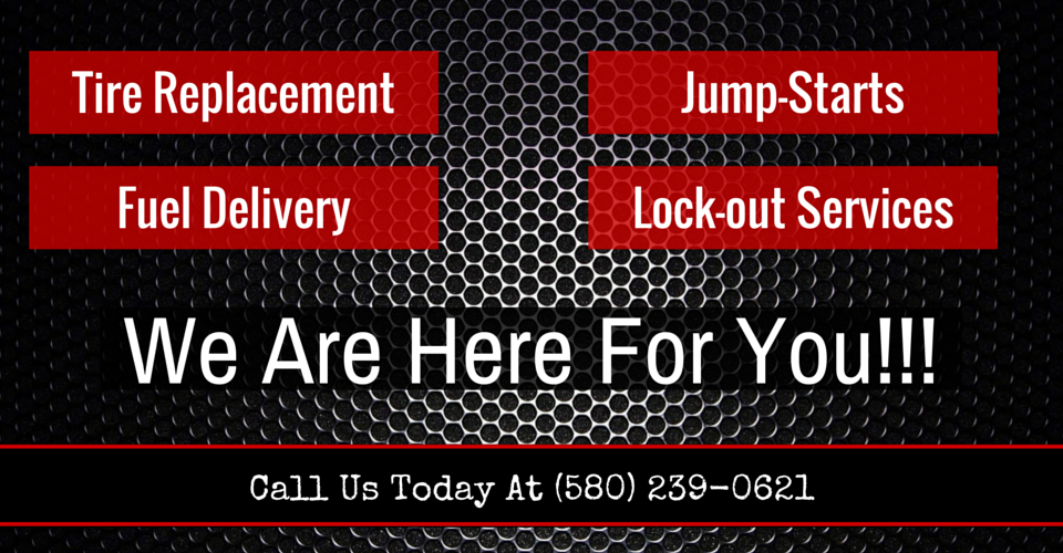 Advertisement for roadside assistance. Includes tire replacement, jump-starts, fuel delivery, and lock-out services. Contact info.