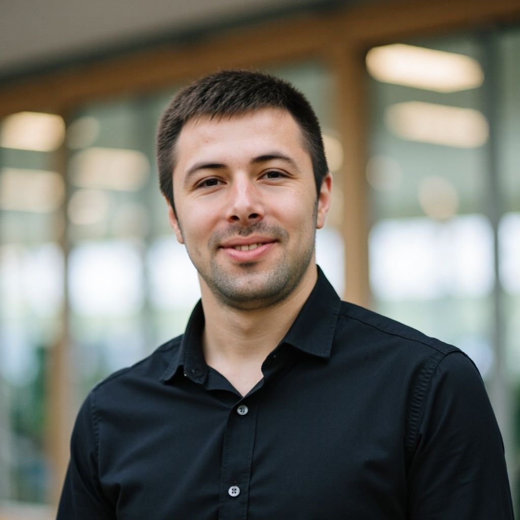 A man in a black shirt is smiling for the camera.