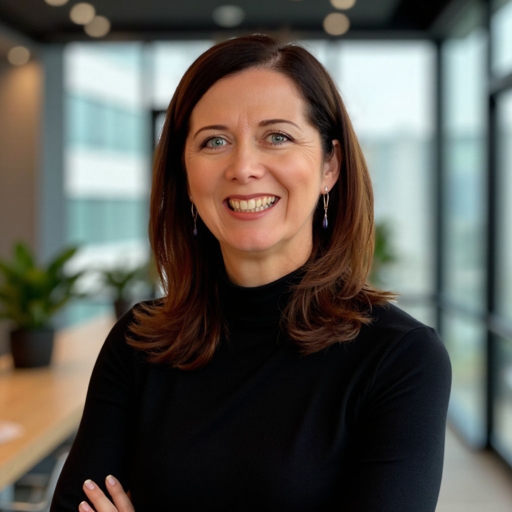 A woman in a black sweater is smiling with her arms crossed.