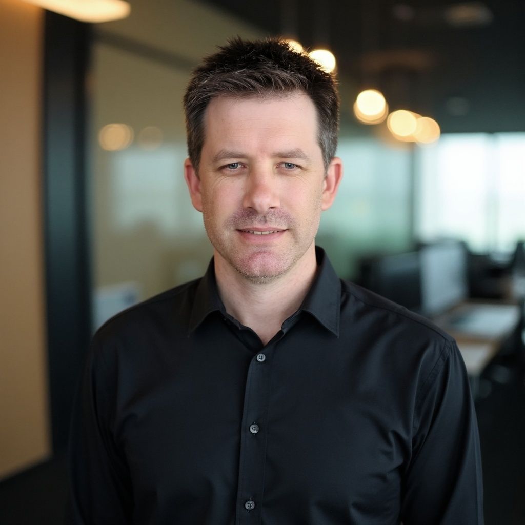A man in a black shirt is smiling for the camera.