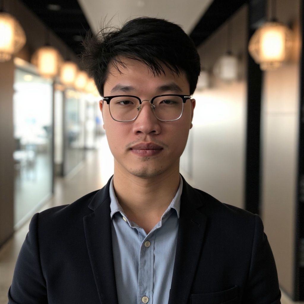 A man wearing glasses and a suit is standing in a hallway.