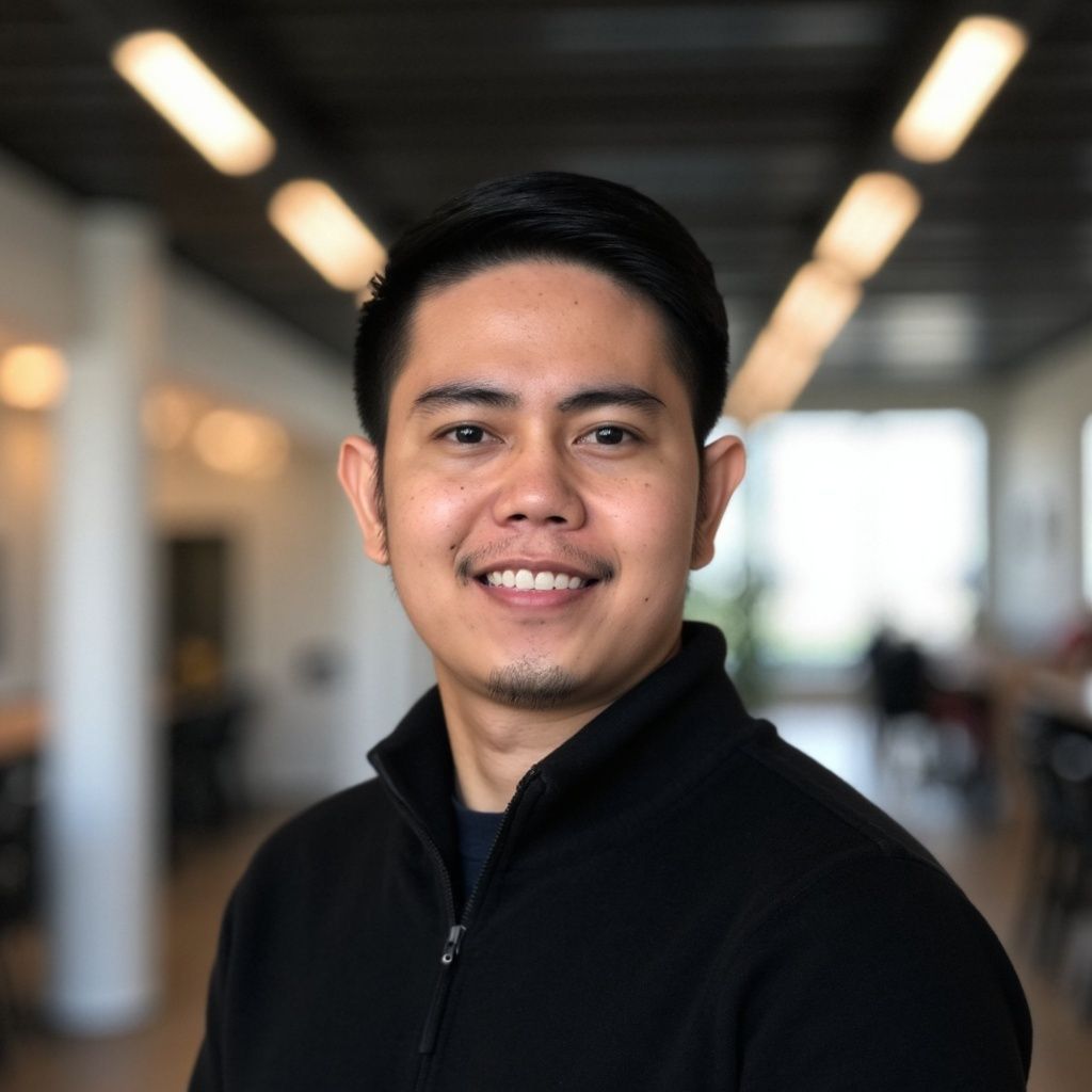 A man in a black sweater is smiling for the camera