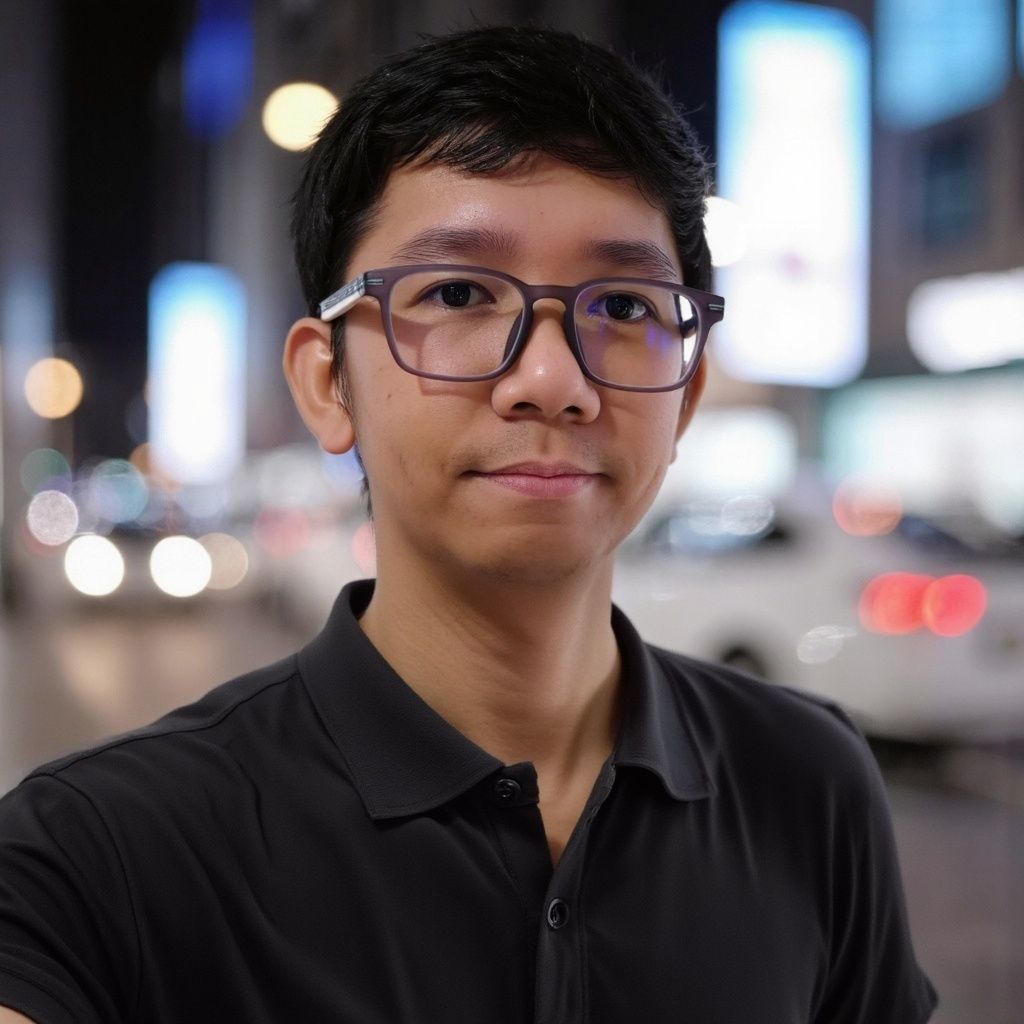 A young man wearing glasses and a black shirt is looking at the camera.