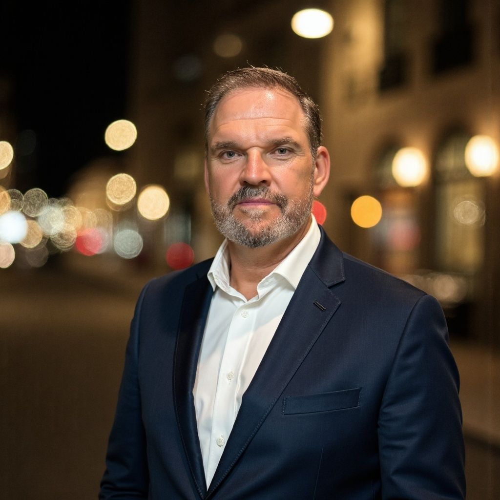 A man with a beard is standing in front of a building at night.