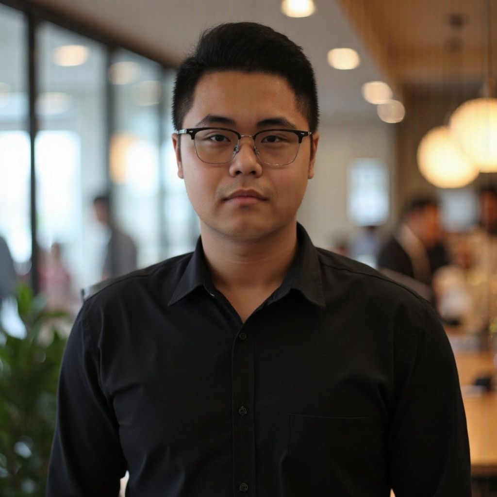 A young man wearing glasses and a black shirt is standing in a room.
