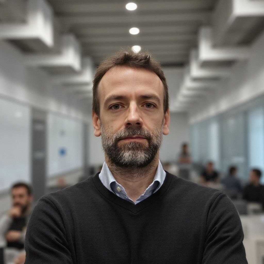 A man with a beard is standing in a hallway with his arms crossed