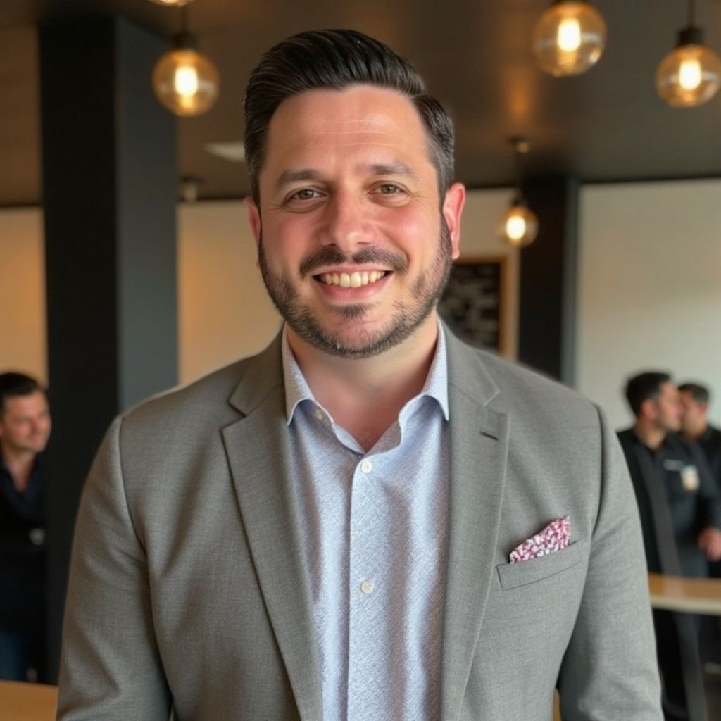 A man with a beard is wearing a suit and smiling