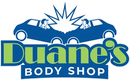 Logo for Duane's Body Shop featuring two blue cars colliding above the company name in green and blue text.