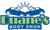 Logo for Duane's Body Shop featuring two blue cars colliding above the company name in green and blue text.