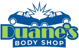 Logo for Duane's Body Shop featuring two blue cars colliding above the company name in green and blue text.