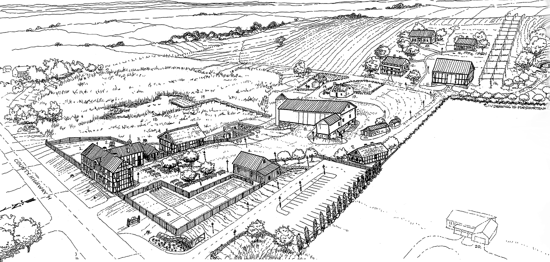 Black and white architectural rendering of a complex of buildings in a rural setting, trees, and fields in the background.