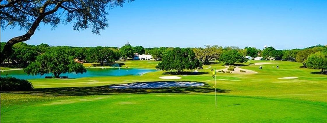 A golf course with a lake in the background and a tree in the foreground.
