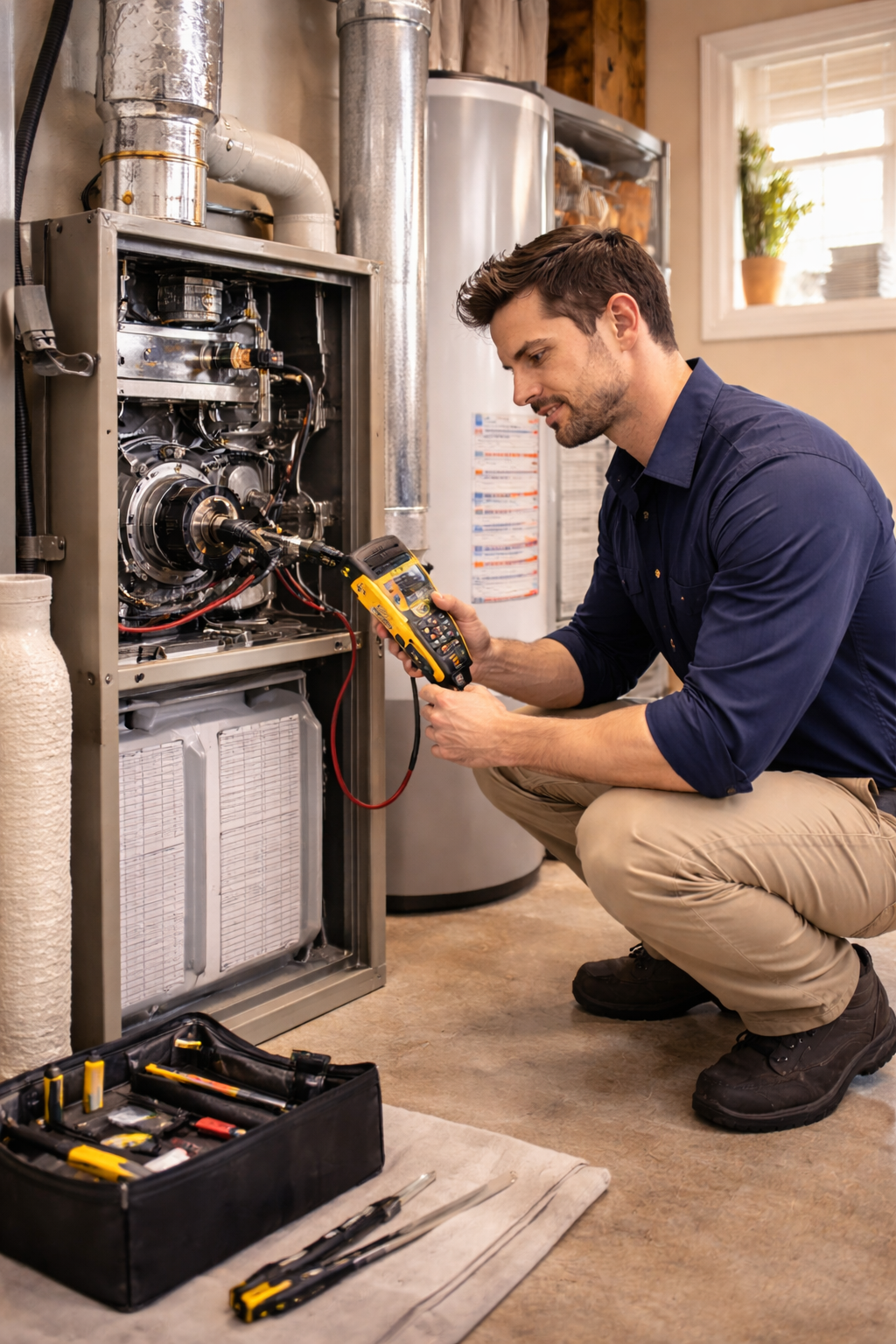 Man using a multimeter to inspect a furnace in a utility room.