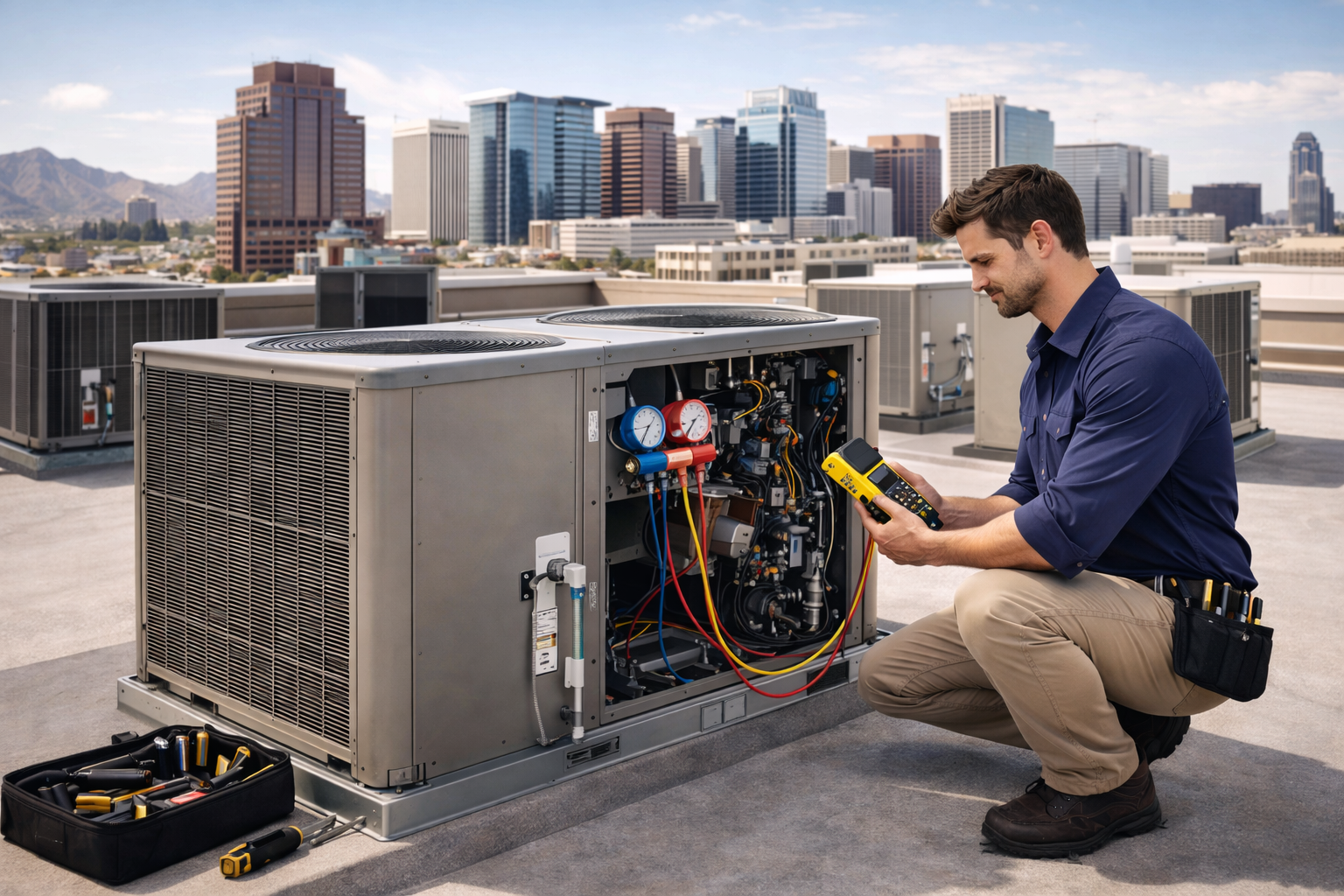 HVAC technician inspecting an air conditioning unit on a rooftop with a city skyline backdrop.
