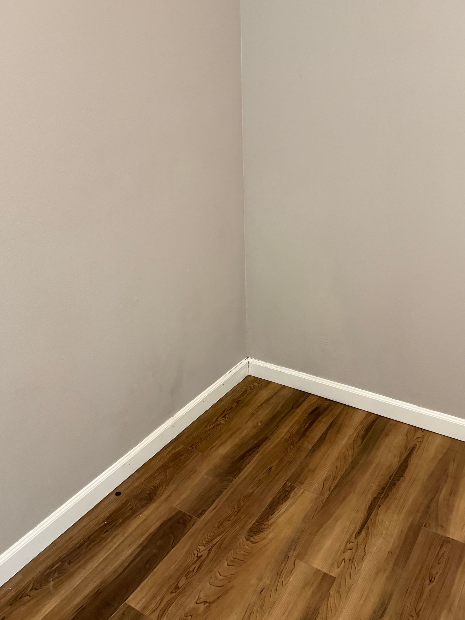 An interior corner of a room with light gray walls, white baseboards, and brown wood-grain flooring.
