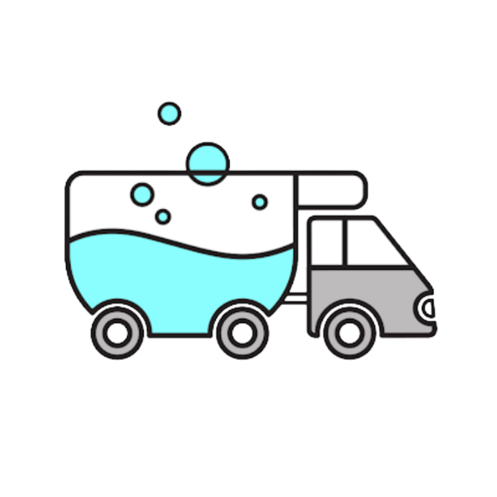 An icon of a truck carrying a large container of blue liquid with bubbles rising above it.