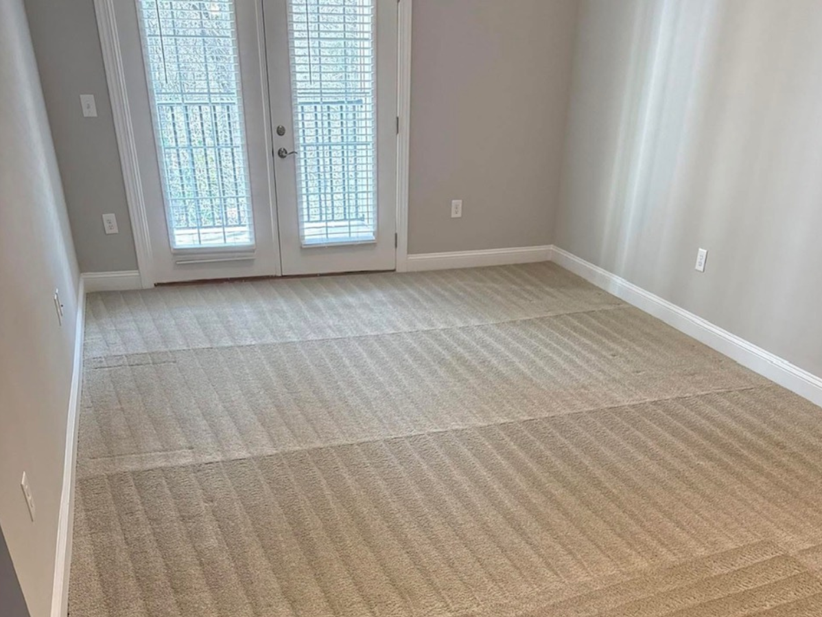 An empty room with light gray walls, beige carpet featuring visible vacuum lines, and a pair of white French doors.