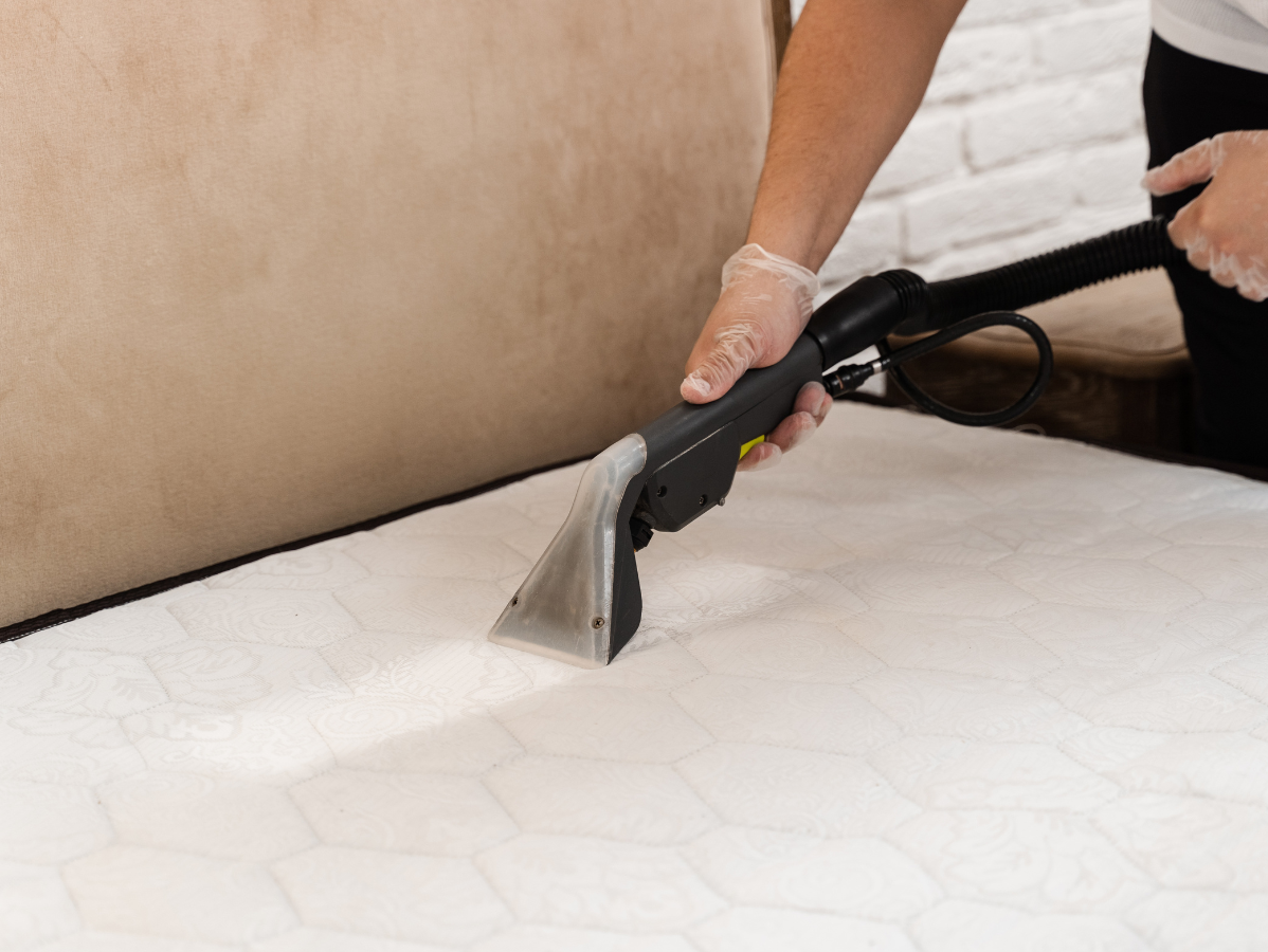 A person in gloves uses a carpet cleaning machine to deep clean a white mattress.