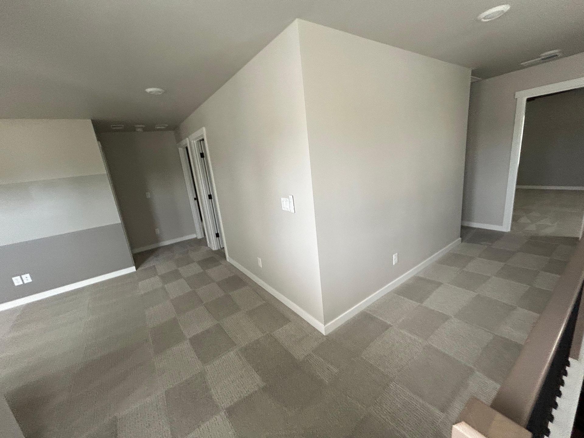An interior hallway with neutral walls, grey carpet, and doorways leading to other rooms in a modern home.