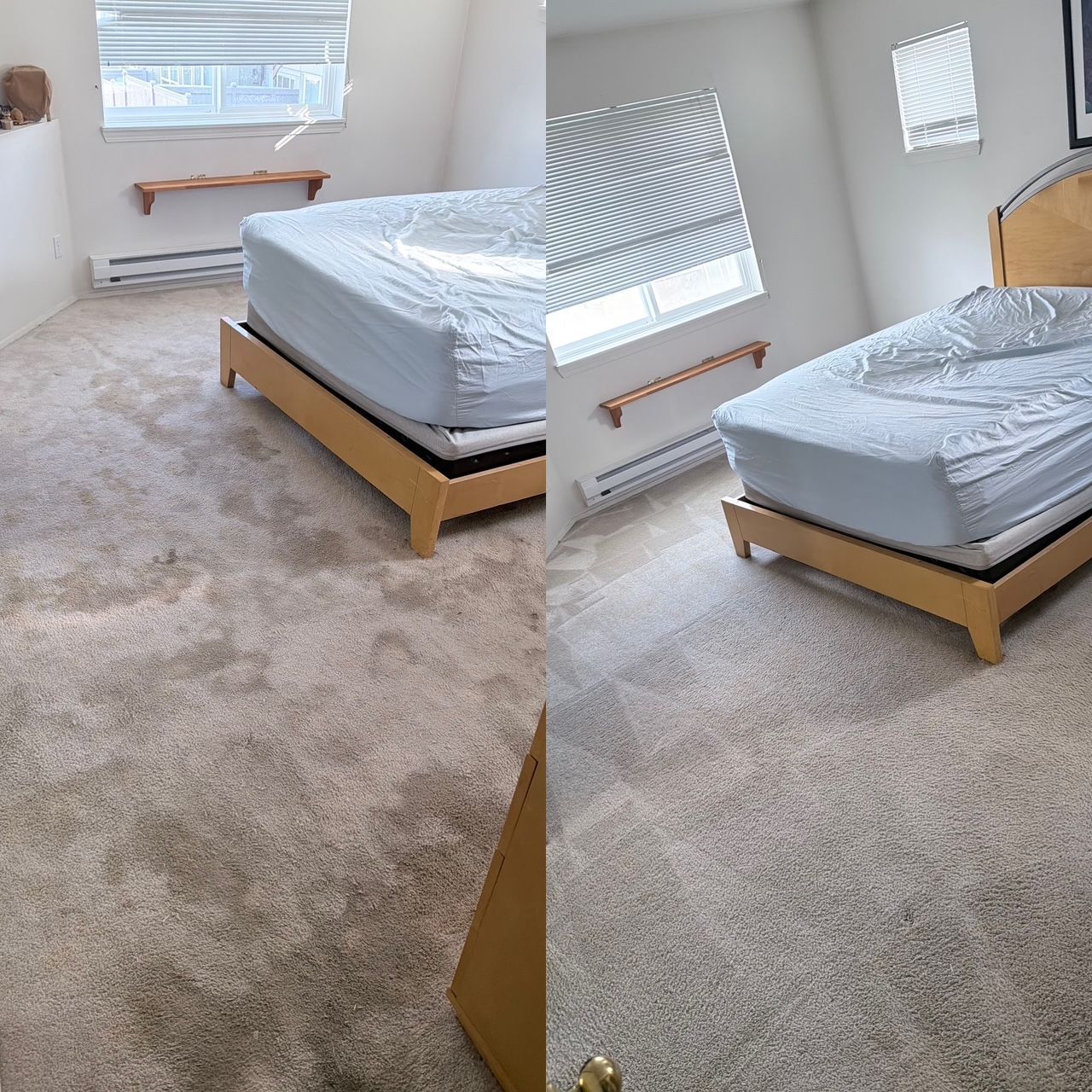 Before and after view of a bedroom featuring a light wood bed frame and carpet, showing a successful professional cleaning.
