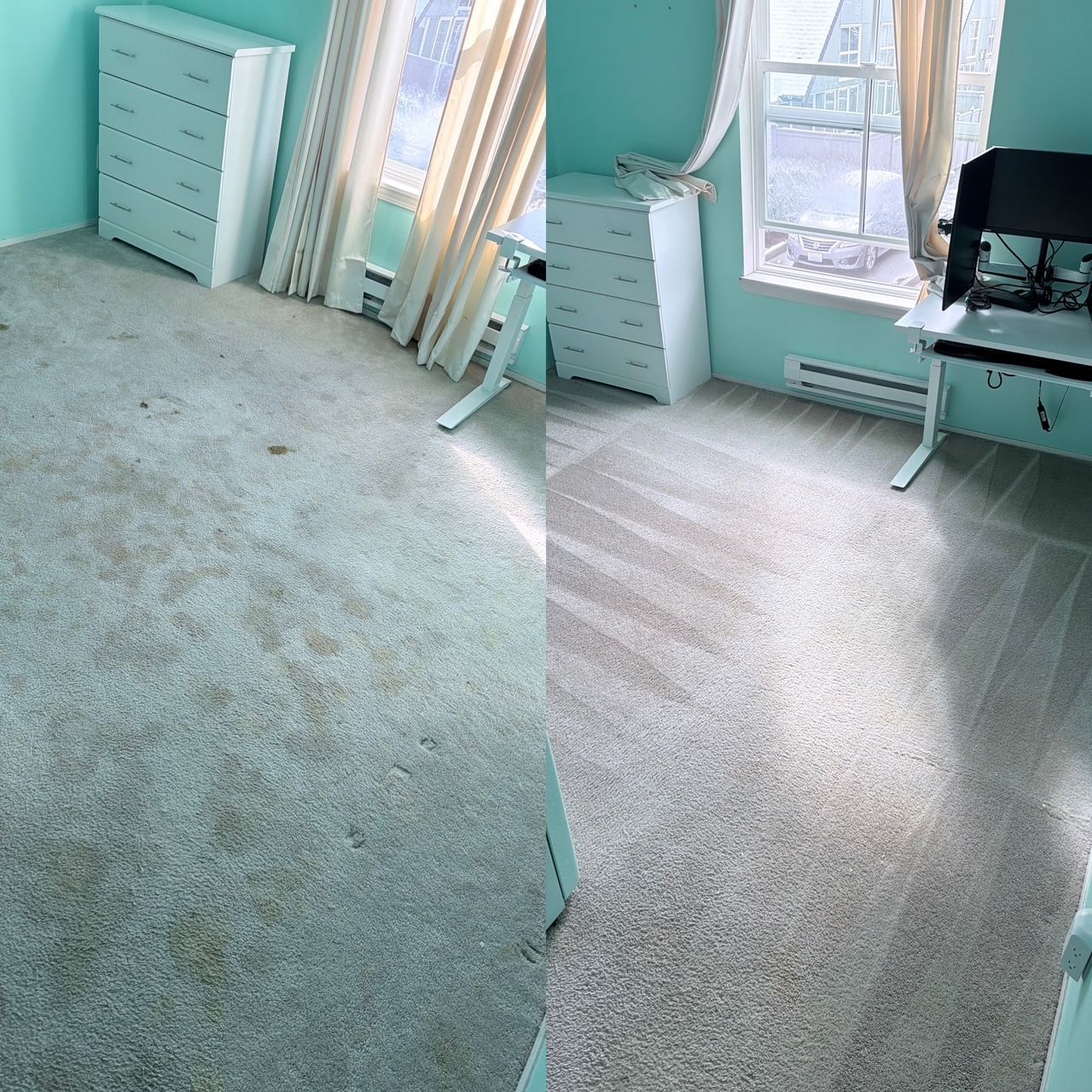 Before and after comparison of a light teal room with a carpeted floor, showing significant cleaning improvement.