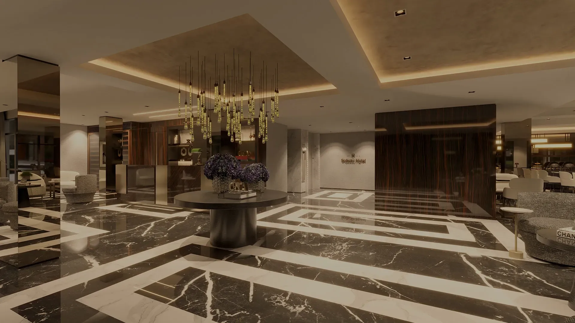 Impressão artística de um saguão de hotel com mesa e cadeiras.