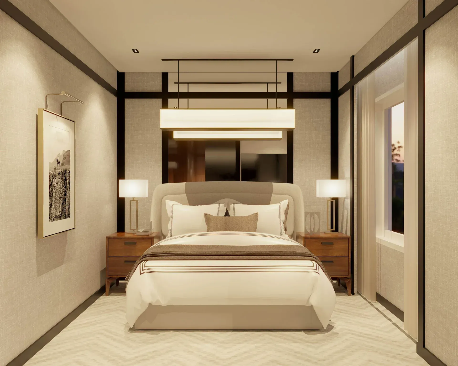 Um quarto com uma cama, mesas de cabeceira, abajures e um quadro na parede.