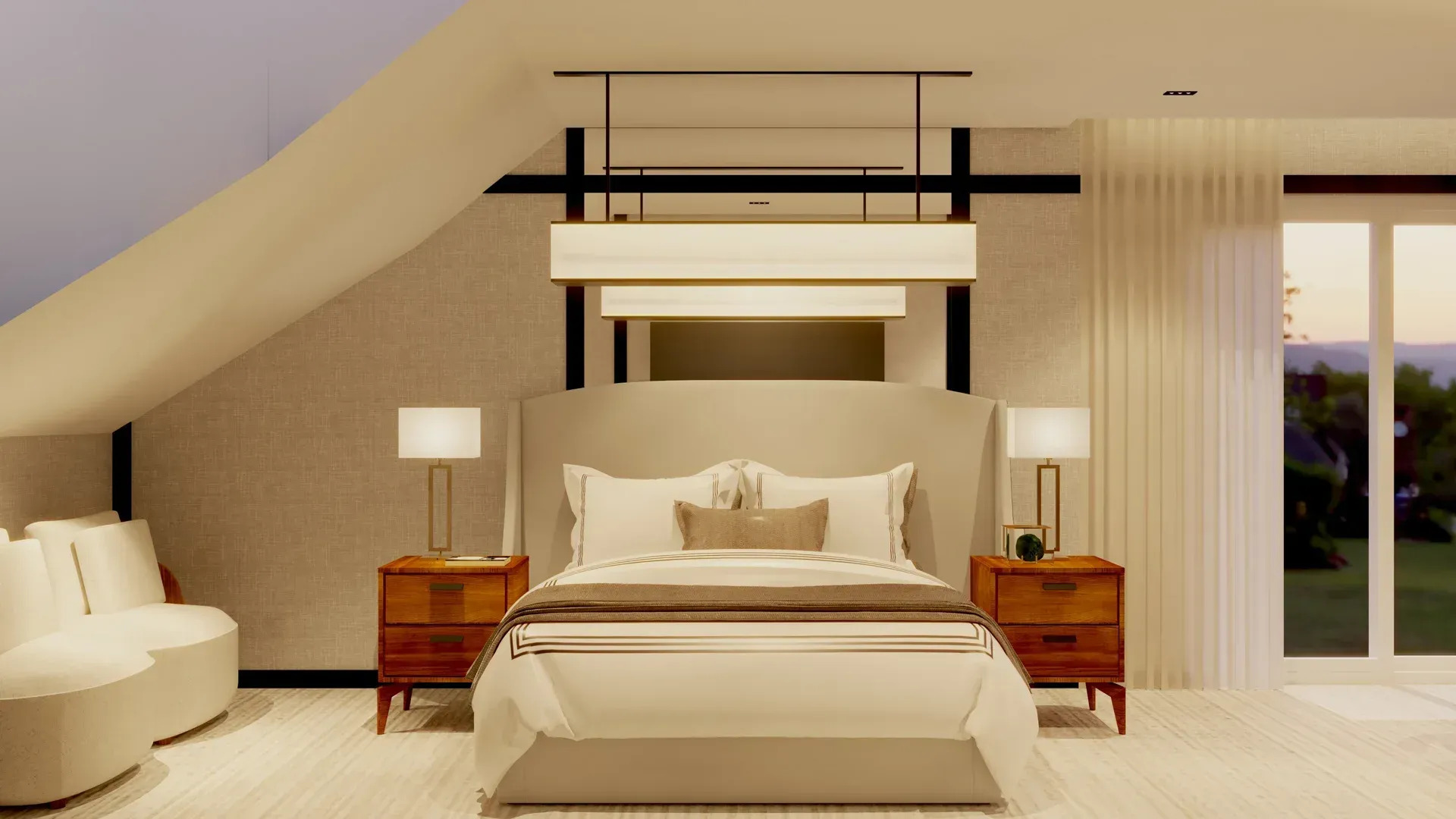 Um quarto com uma cama, mesas de cabeceira e um sofá.