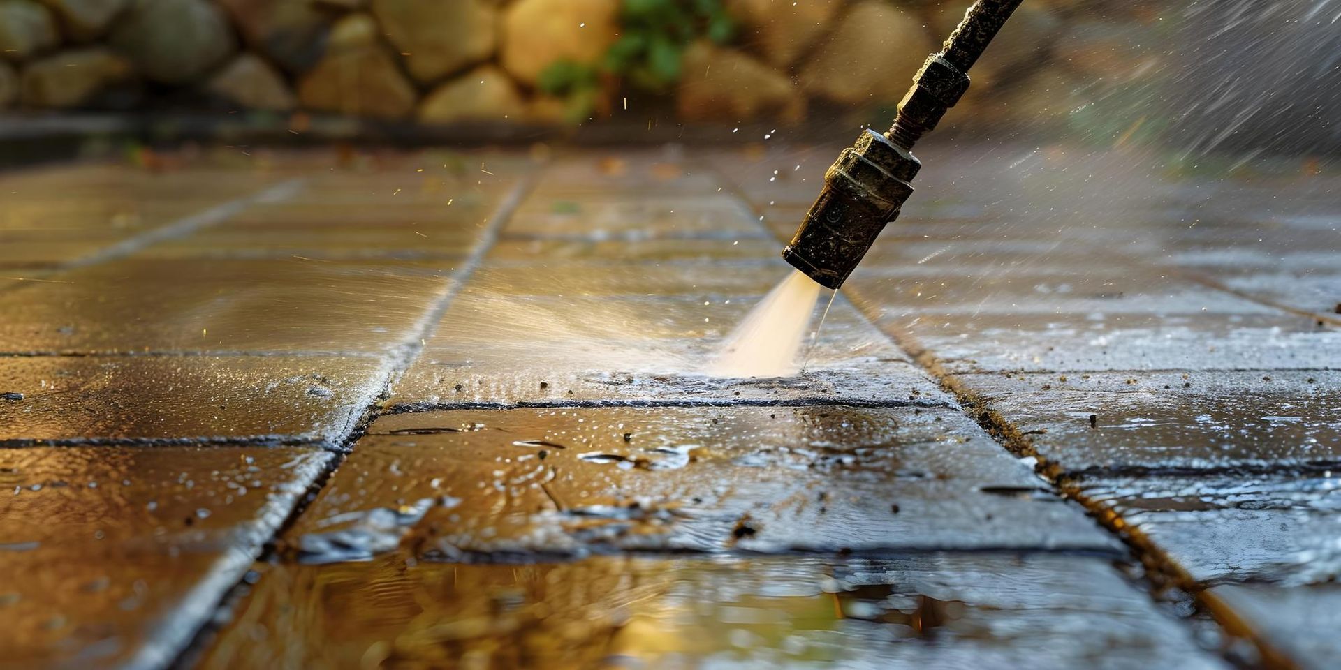 Pressure washing a stone patio, creating clean lines. Water sprays outwards, illuminating the surface.