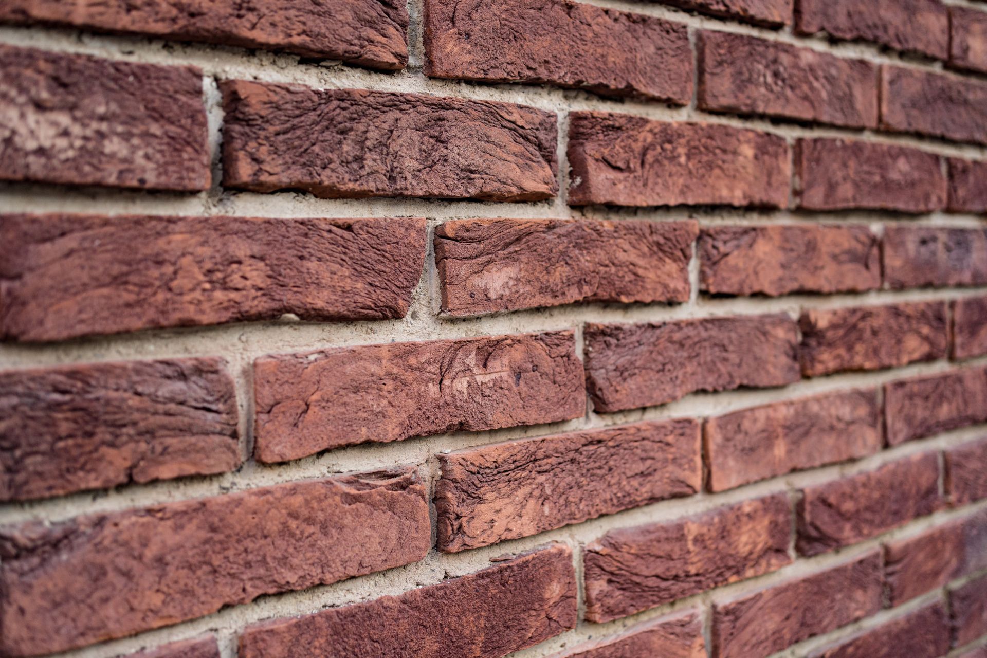 Close-up view of a red brick wall with light gray mortar. The bricks have a rough, textured surface.