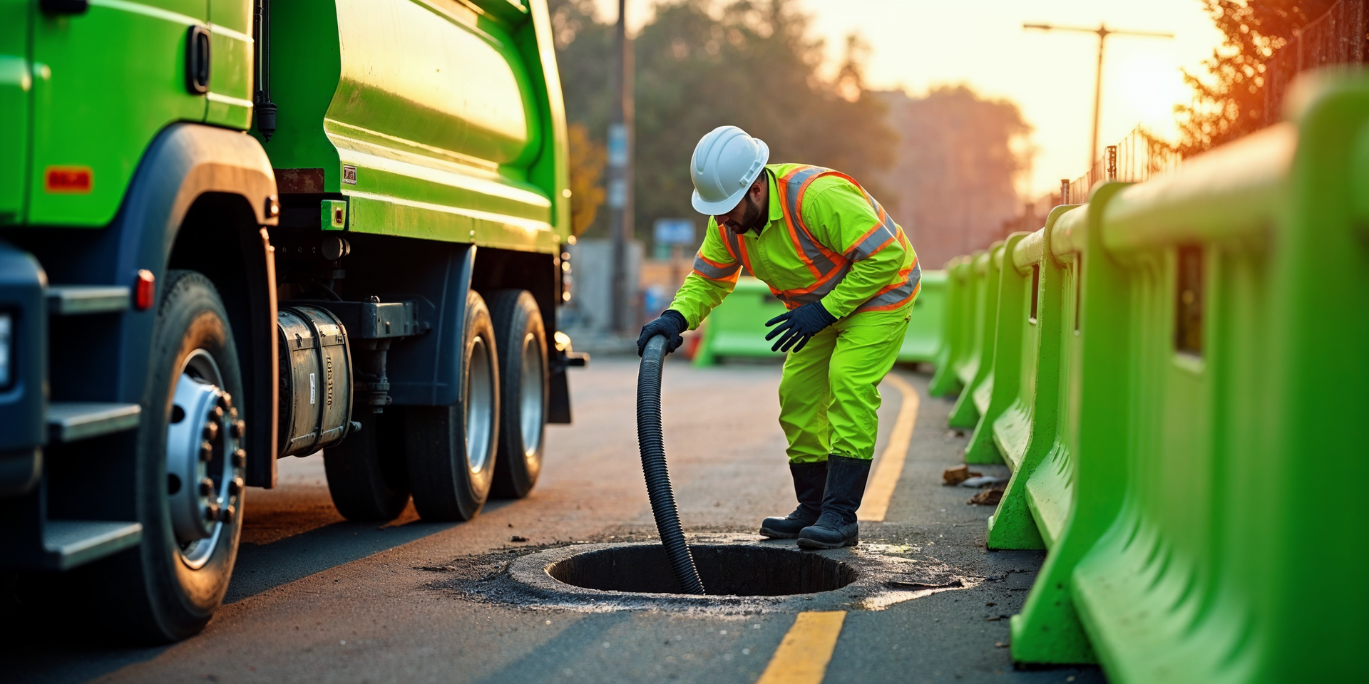 A worker in safety gear examines a sewer manhole next to a green truck, with green barriers on a road.