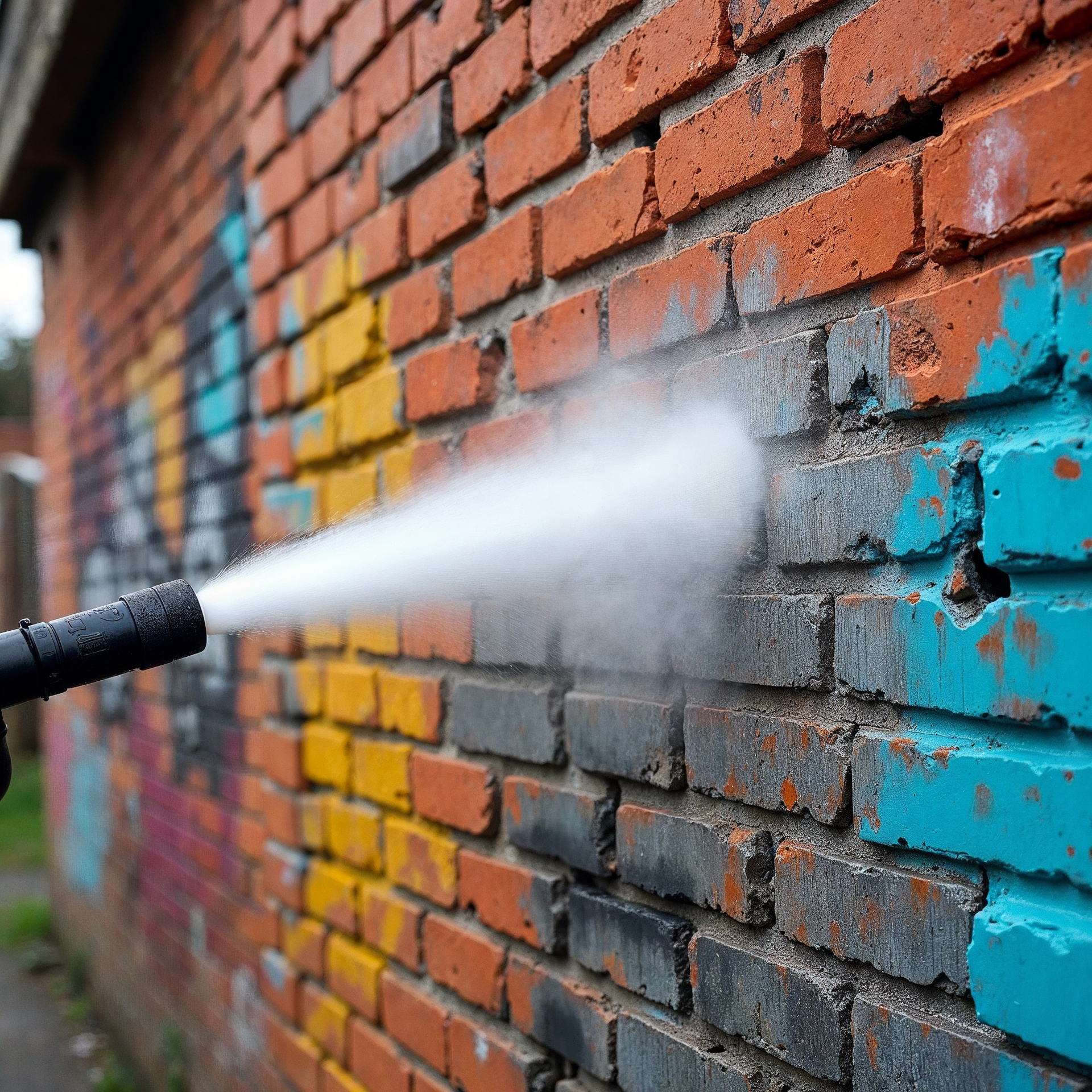 A pressure washer removing graffiti from a brick wall. White spray blasts blue, yellow, and other colorful paint in an outdoor setting.