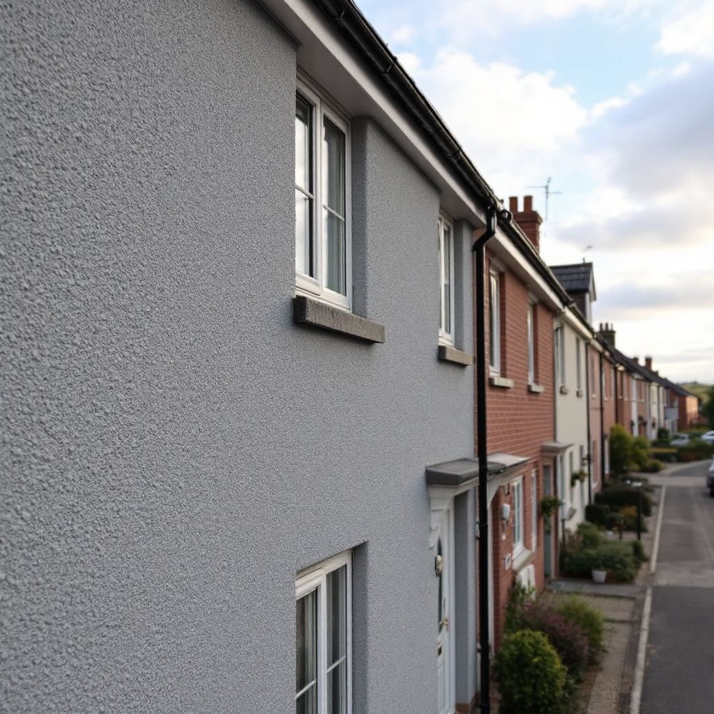 Row of houses on a street, primarily gray with white window frames, some brick.