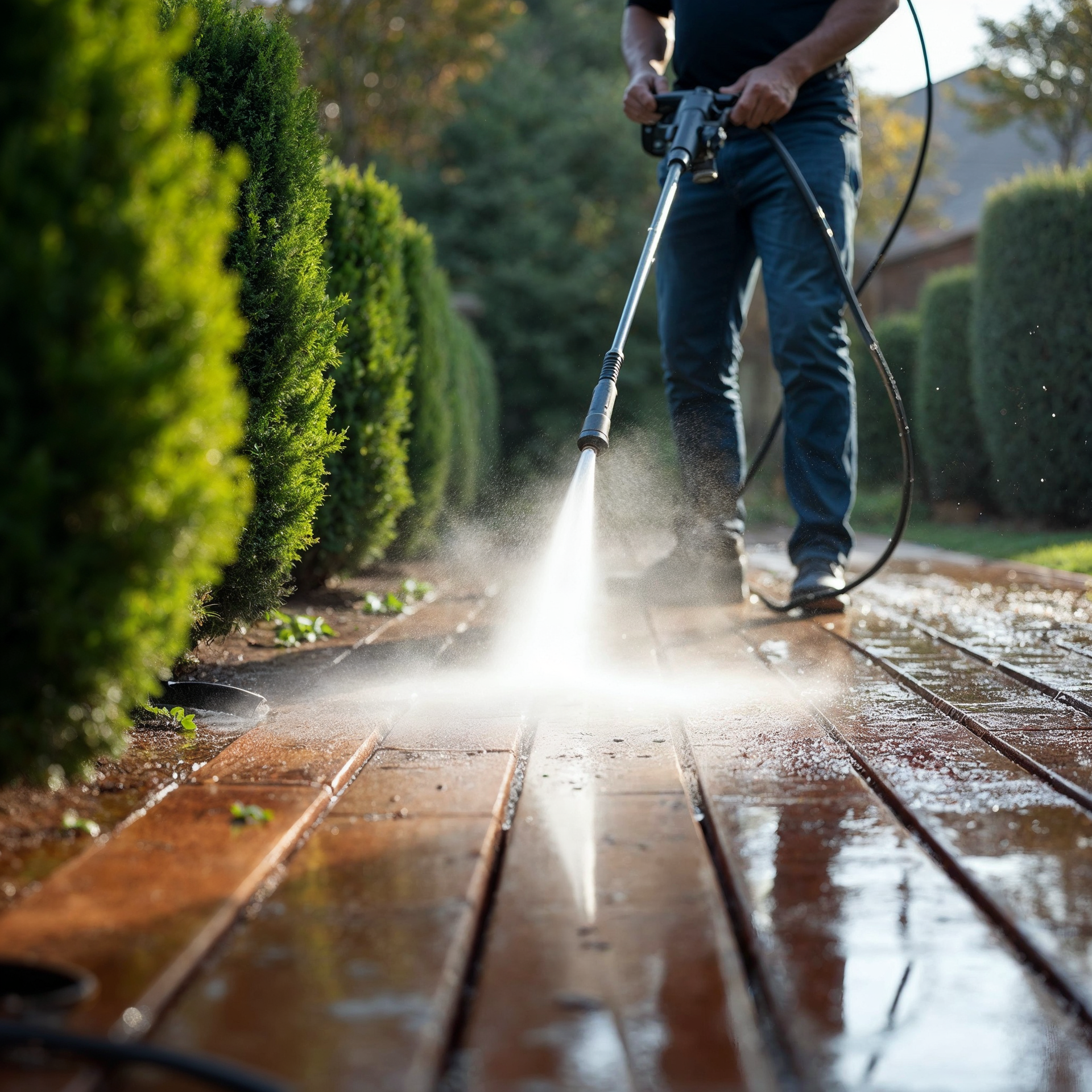 Person pressure washing a wooden deck; water spraying onto the wet planks. Lush green bushes line the left side.