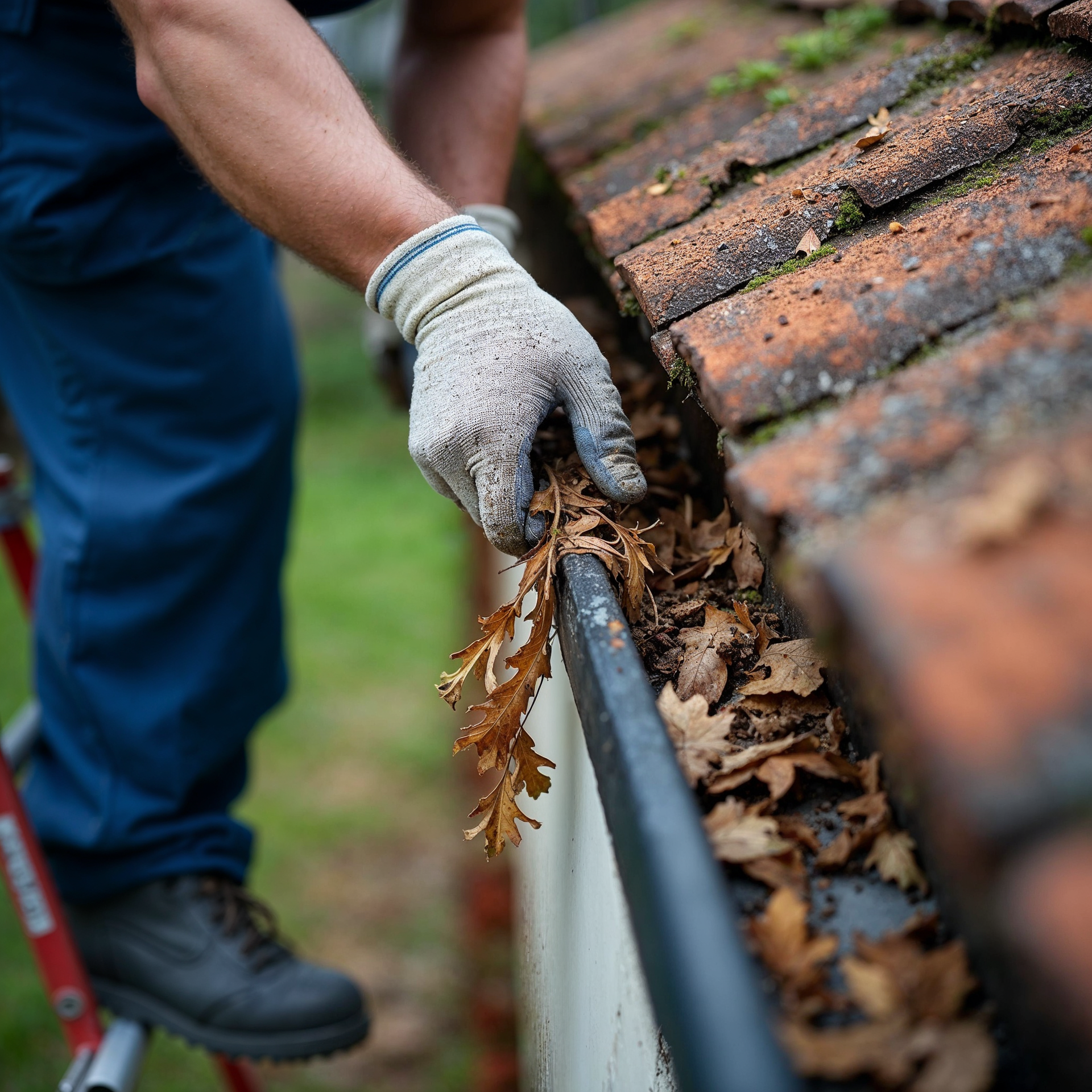 Person on a ladder wearing gloves, cleaning out a rain gutter filled with leaves.