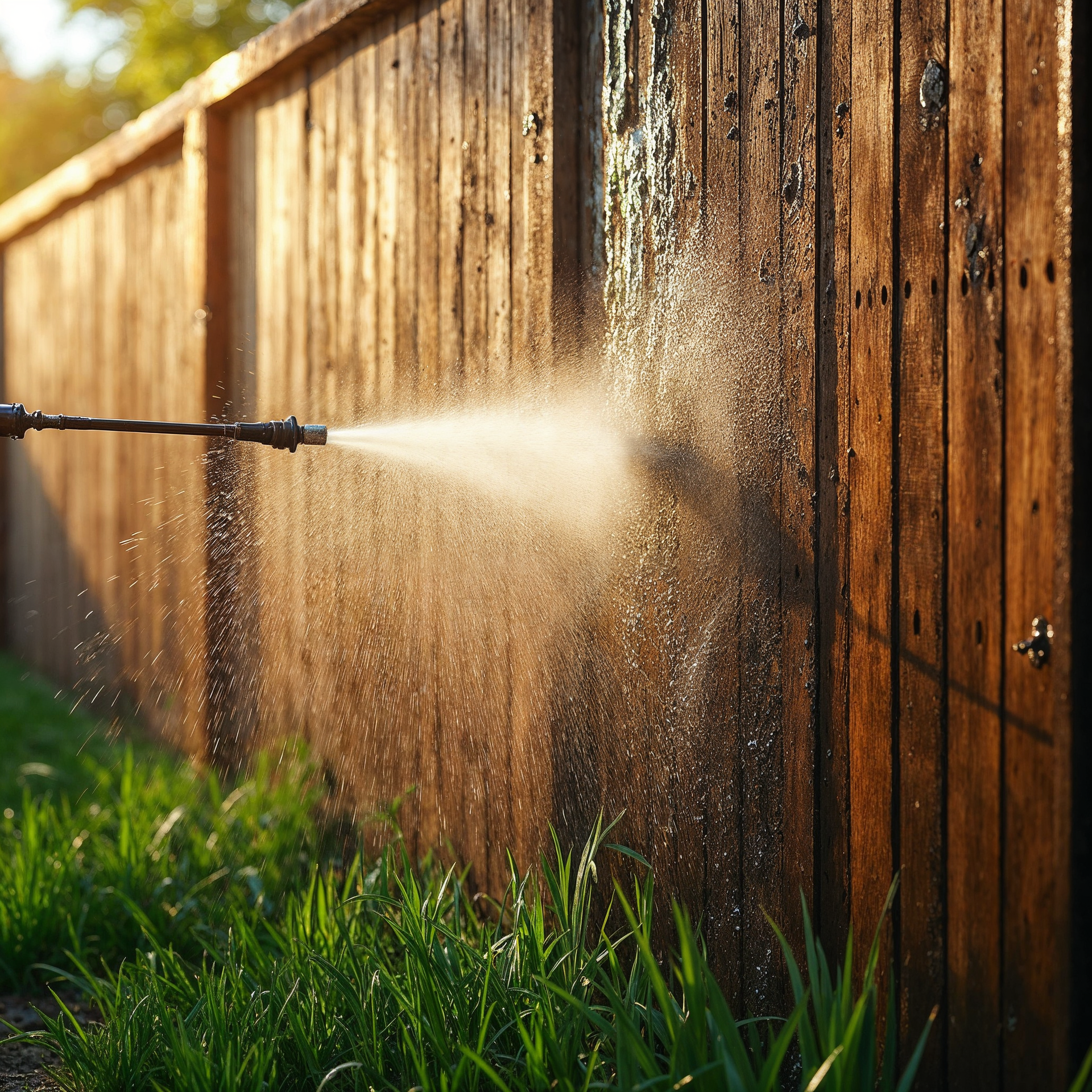 Power washer spraying a wooden fence, with water droplets visible. The fence is brown, and grass is in the foreground.