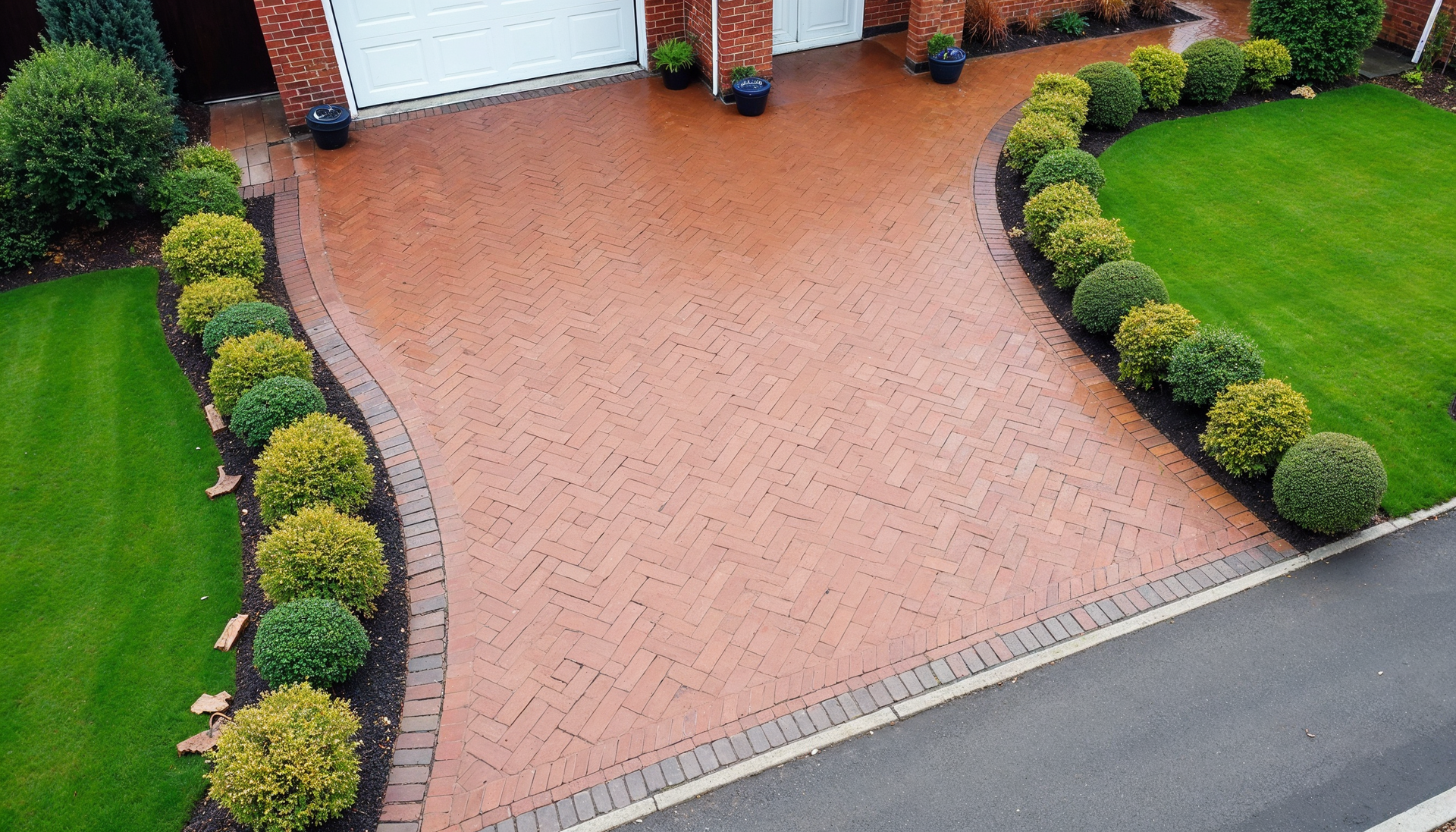 Brick driveway with decorative bushes bordering green lawn, leading to a white garage door.